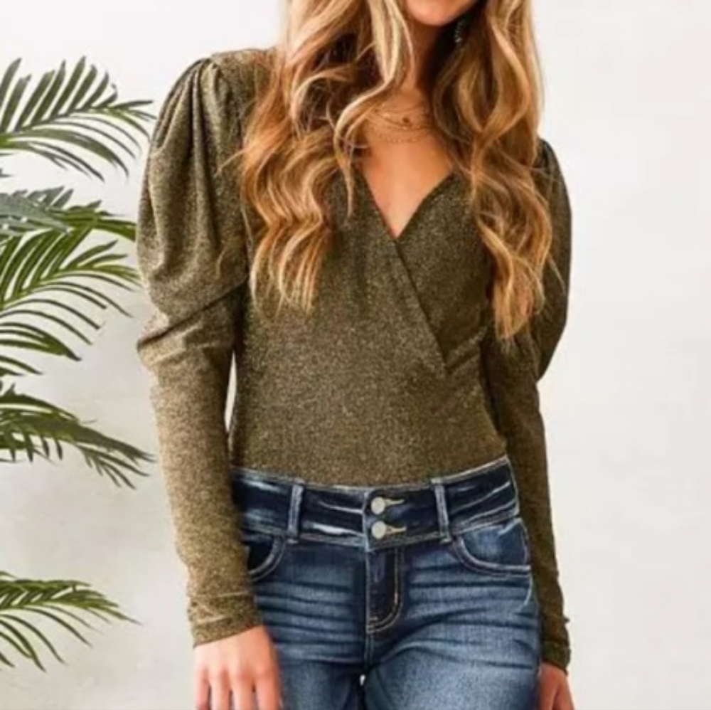Willow & Root -Sparkle Mesh Surplice Bodysuit - M- Gold NWT